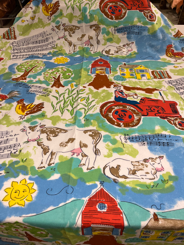 Old Macdonald farm flannel.  Farm scene in greens with 25” repeat. 100% cotton, 44” wide and $4.99 per yd.