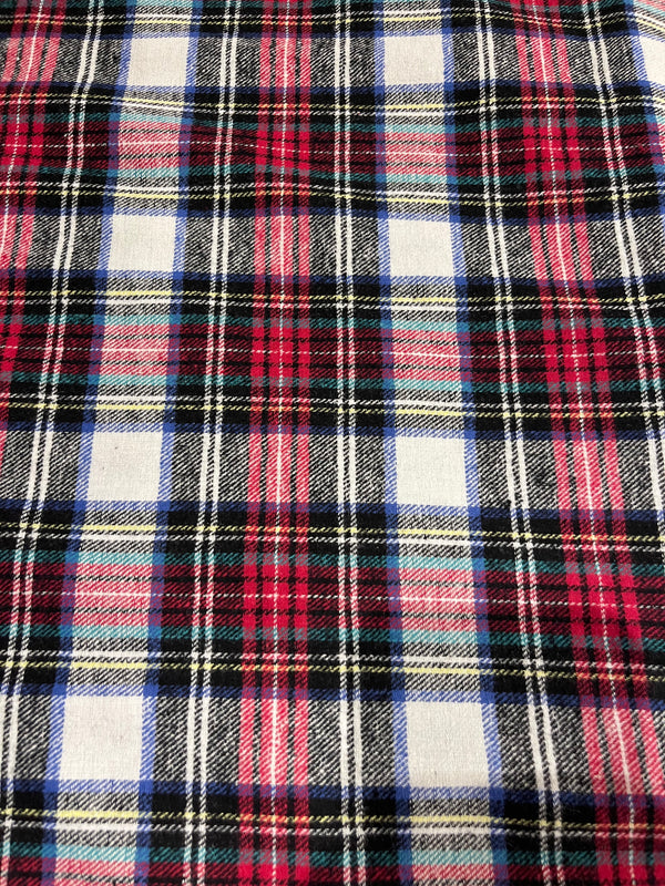 Yarn dyed flannel.  Red, white,black, green, royal and yellow plaid.   60” wide, 100% cotton and $6.99 per yd.