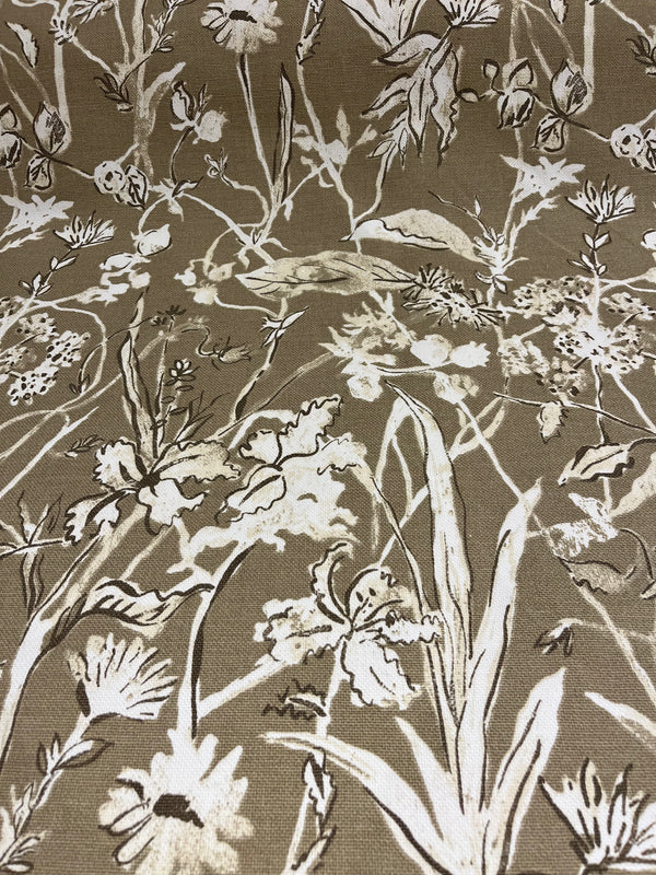 Birch bark drapery/upholstery fabric.  54” wide, 100% cotton and $4.99 per yd.  Repeat is 25”.