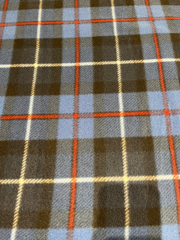 Window pane plaid in royal/navy with white and red accents.  60” wide, 100% polyester and $6.99 per yd