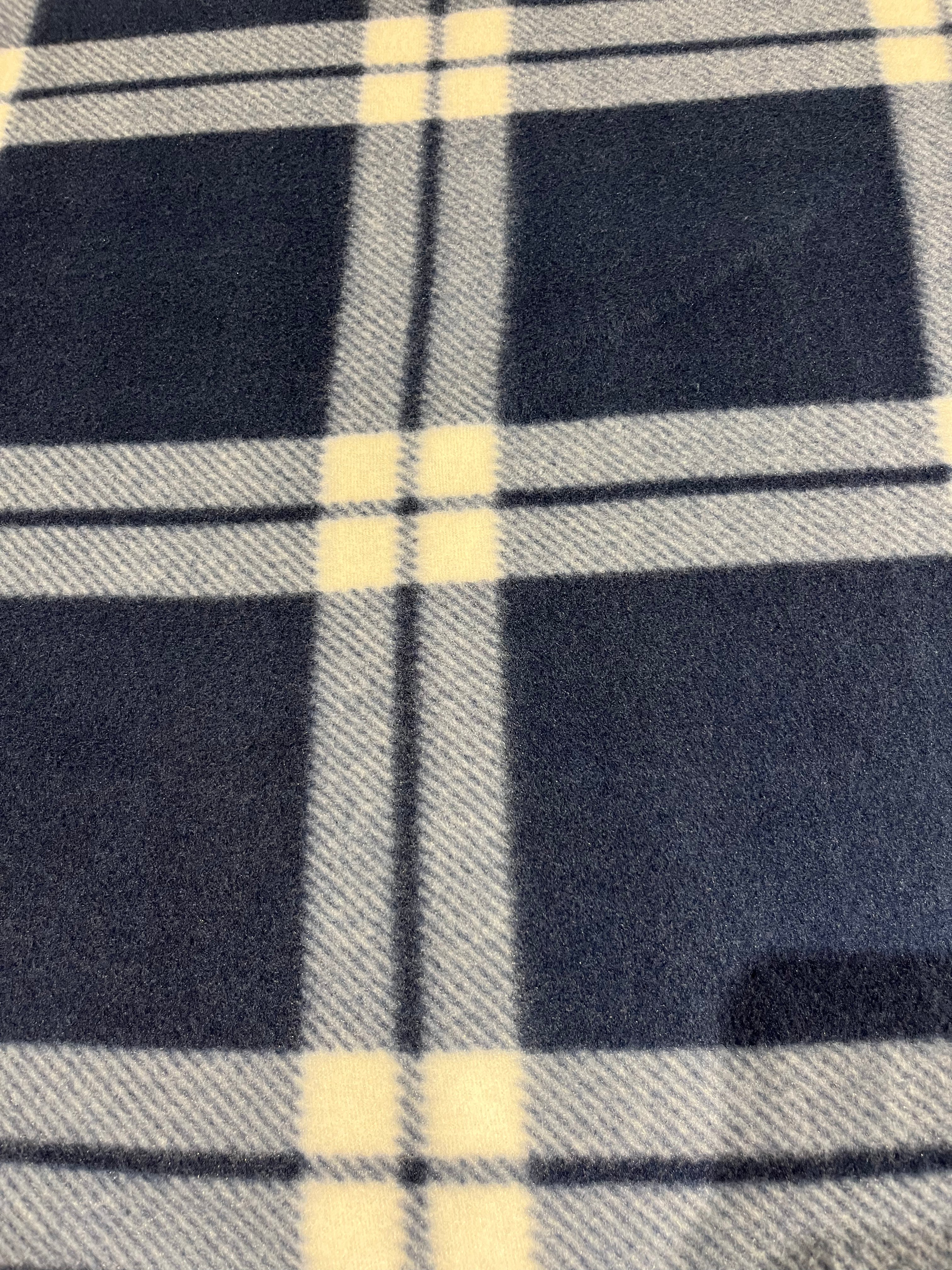 Navy blue and white window pane plaid(b)fleece. 60”wide, 100% polyeste ...