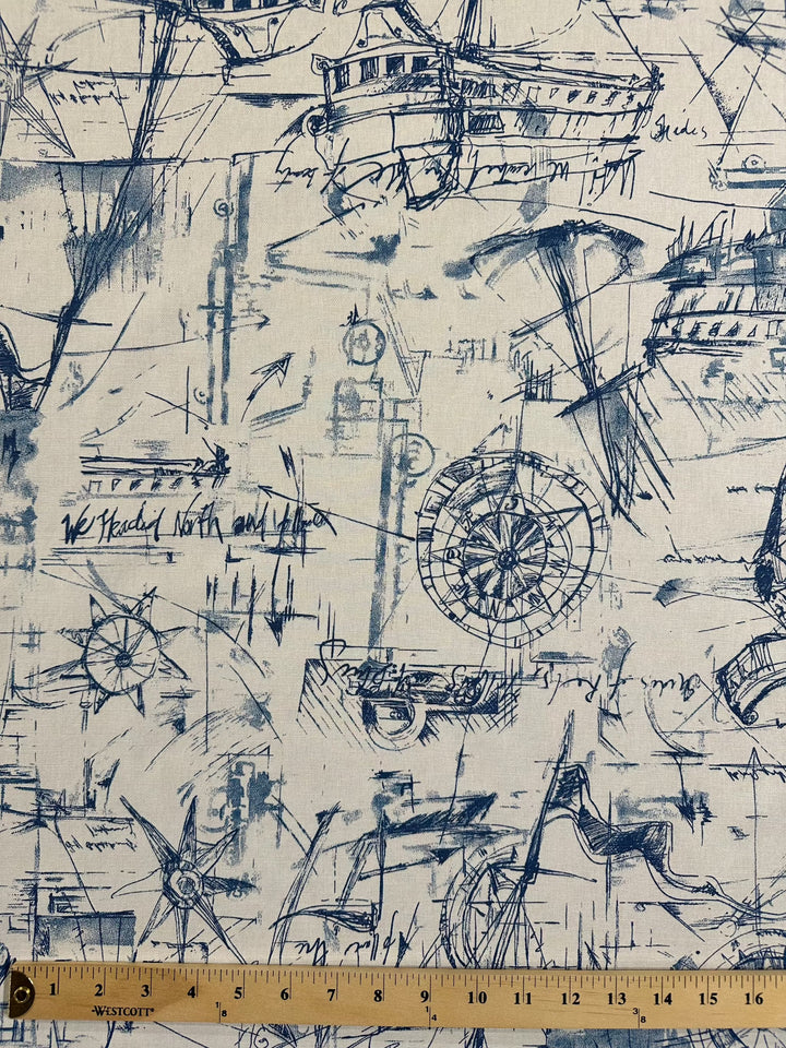 Premium Cotton Print - White with Sketches of Ships and Compass ...