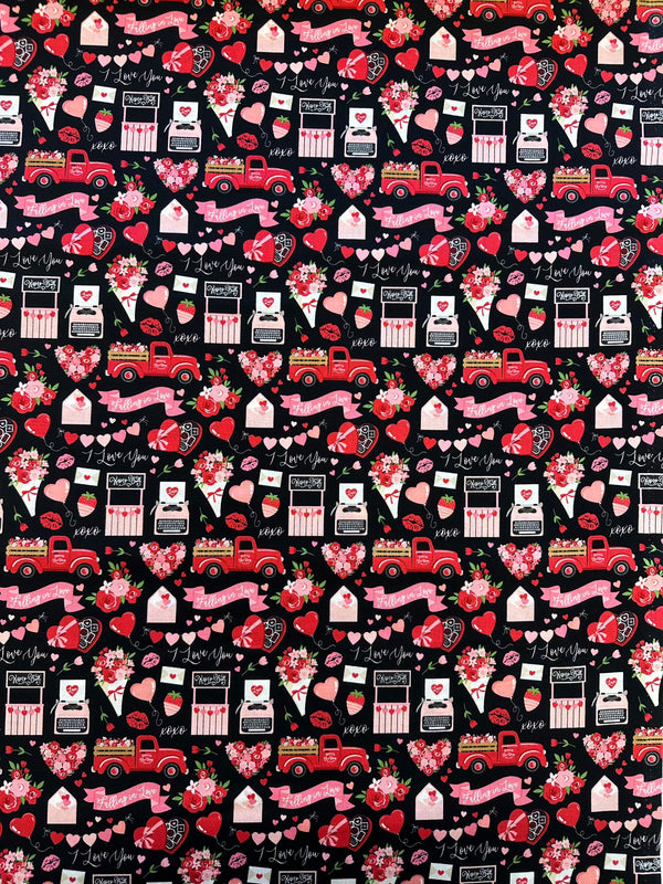Black Falling in Love, I Love you, Hearts & Lips & Trucks Cotton - Quilting Fabric