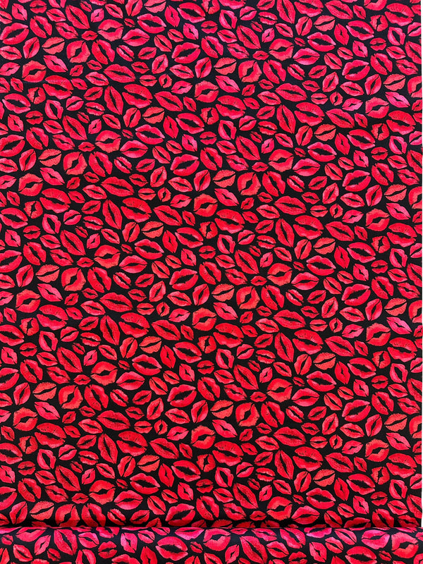 Red Lips on Black Cotton - Quilting Fabric