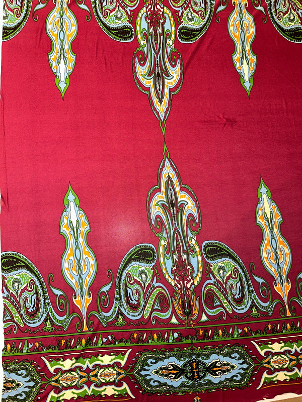 African Pattern with Paisley on Burgundy Silk  - 100% Silk - 44/45" Wide