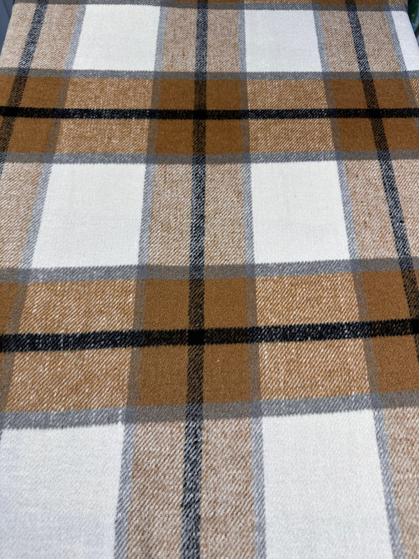 Brown Plaid - Melton Wool Blend - 58" Wide - 50% Wool 50% Poly