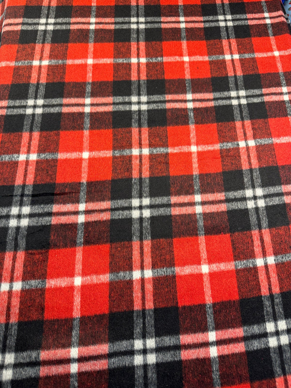 Classic Red, White & Black Plaid - Melton Wool Blend - 58" Wide - 50% Wool 50% Poly