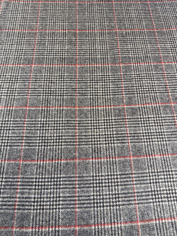 Gray & Red Glen Check Plaid - Melton Wool Blend - 58" Wide - 50% Wool 50% Poly