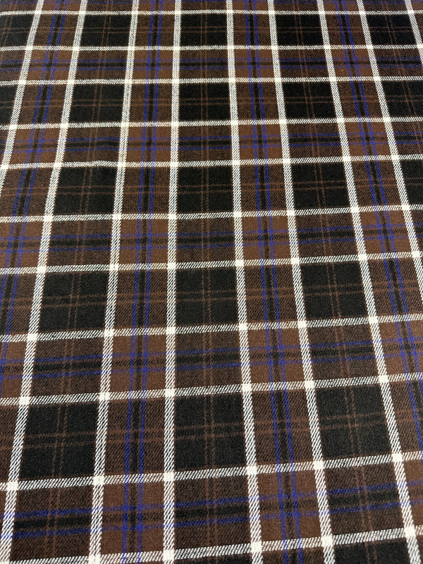 Brown-Blue Twill Plaid - Melton Wool Blend - 58" Wide - 50% Wool 50% Poly