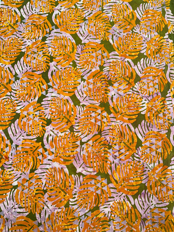 Monstera Plant Pattern Batik Fabric, Orange, White, Green - Quilting Cotton - 44/45" Wide - 100% Cotton
