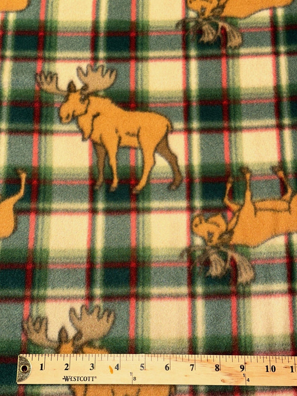 Moose on Green, White & Red Checkered Fleece