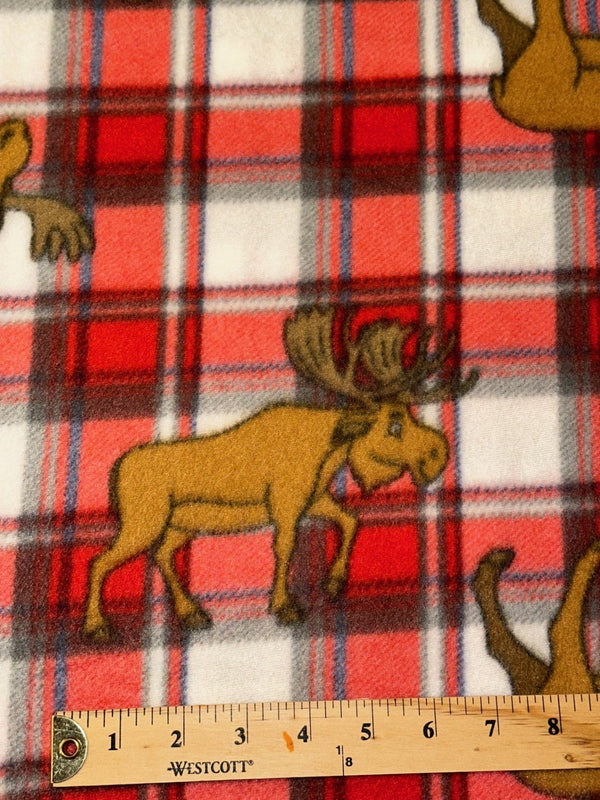 Moose on Red & White Checkered Fleece