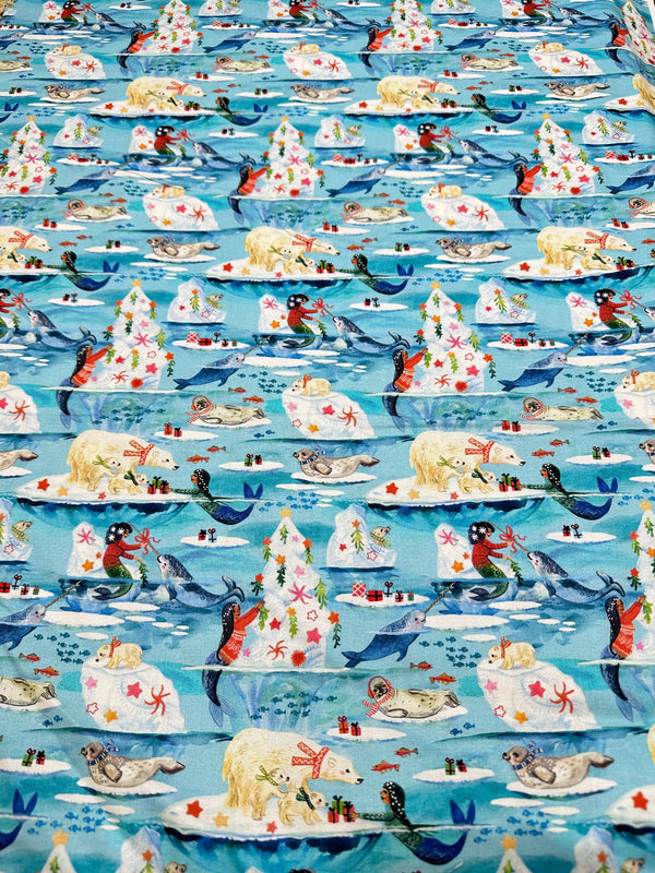 Mermaids & Polar Bears on Blue Cotton - 44/45" Wide - 100% Cotton - sec2