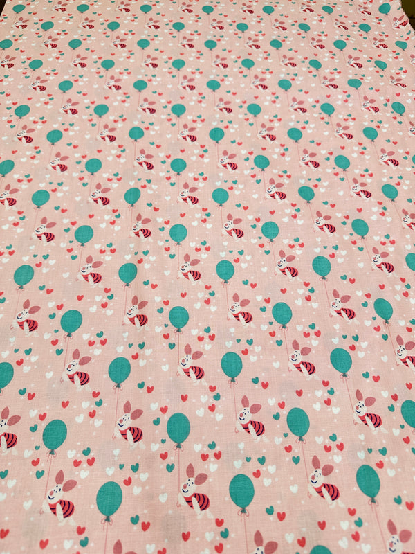 Piglet with Balloons on Pink Cotton - Quilting Fabric - 44/45" Wide - 100% Cotton - Sec 2