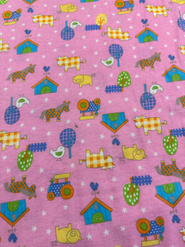 Pink Farm Scene - Cotton Flannel Fabric -  44/45" Wide - 100% Cotton