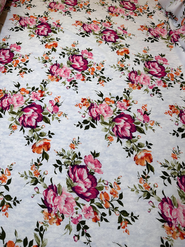Pink Roses on White Polyester Fashion Fabric - 58/60" Wide