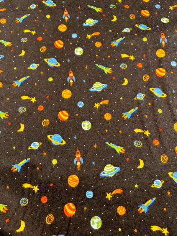 Planets on Brown Flannel - Cotton Flannel Fabric -  44/45" Wide - 100% Cotton