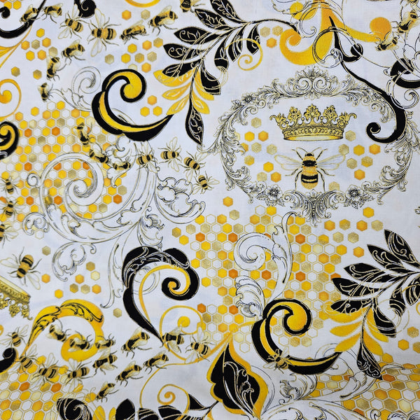Queen Bee: White and Metallic Gold Quilting Fabric from the Buzzworthy Collection by Kanvas Studios