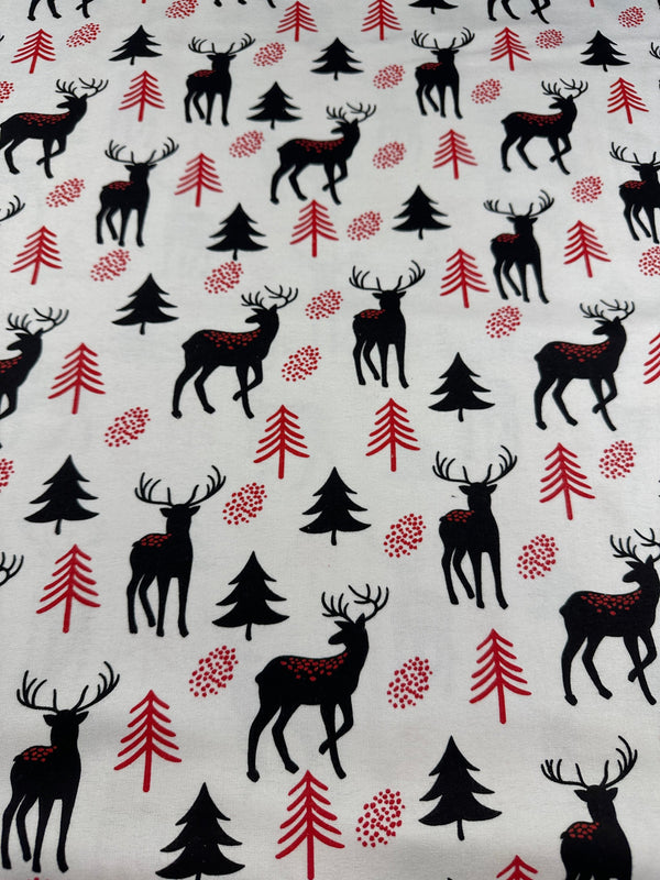 Reindeer & Pine Trees on White Flannel - Cotton Flannel Fabric -  44/45" Wide - 100% Cotton