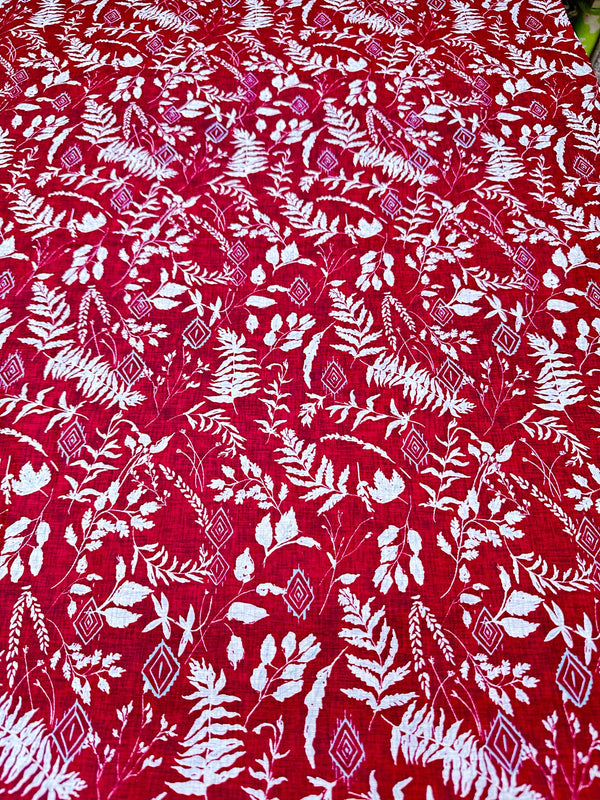 White Fern Leaves on Red Cotton - 44/45" Wide - 100% Cotton sec ST