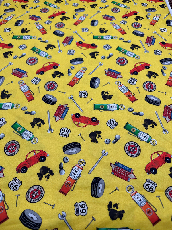 Route 66 Cars on Yellow Cotton - Quilting Fabric - 44/45" Wide - 100% Cotton - Sec 2