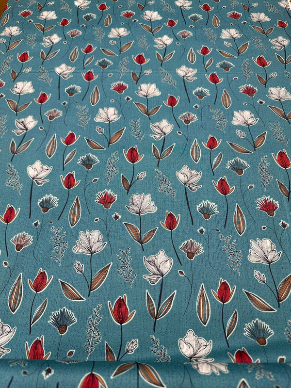 Sketched Flowers on Blue Cotton - 44/45" Wide - 100% Cotton sec ST