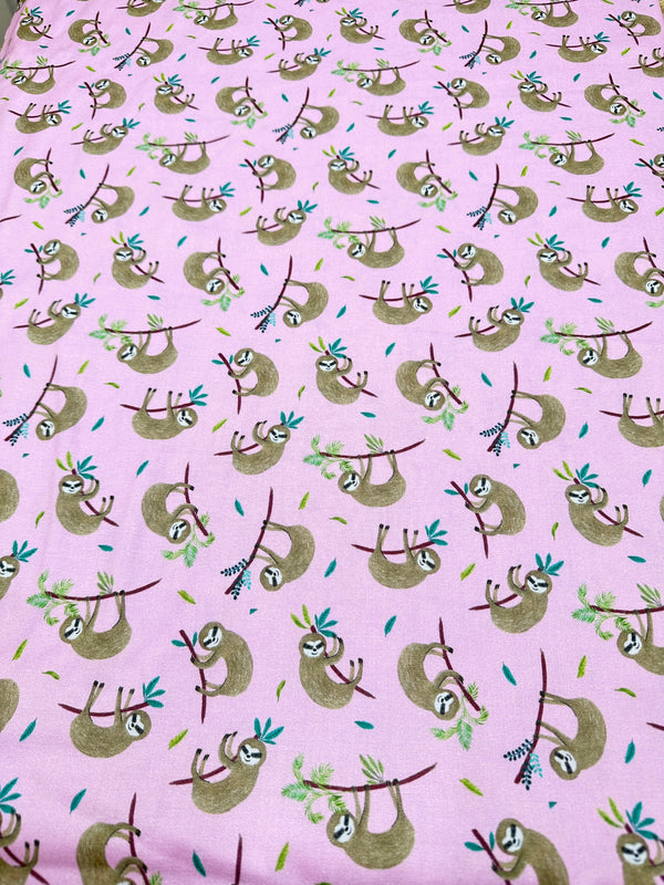 Sloths on Pink Cotton Quilting Fabric - 44/45" Wide - 100% Cotton - Sec 2