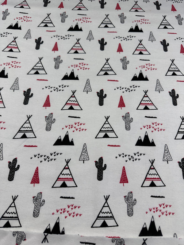 Teepees on White Flannel - Cotton Flannel Fabric -  44/45" Wide - 100% Cotton