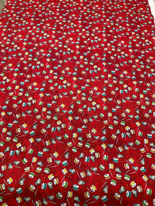 Thimbles, Bobbins & Needles on Red Quilting Fabric - 44/45" Wide - 100% Cotton - Sec 1