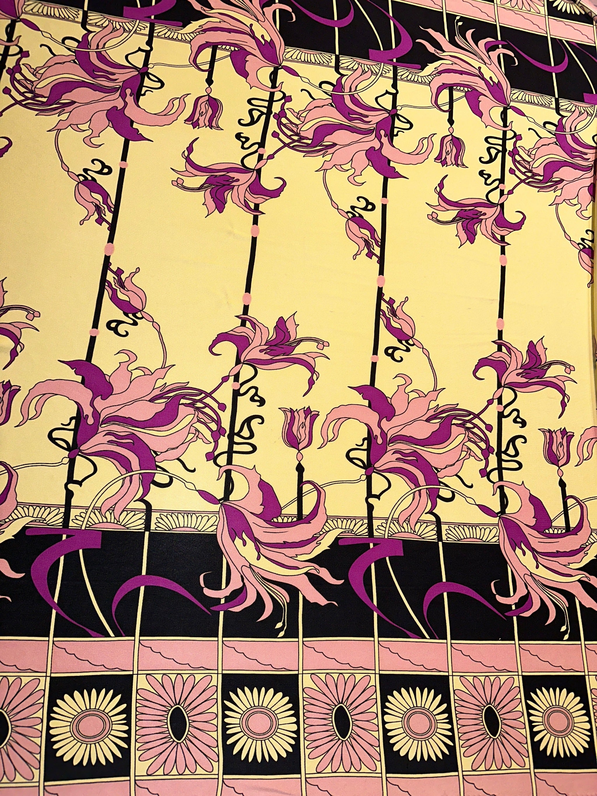 Yellow, Black, Pink Floral Pattern - 100% Silk - 44/45