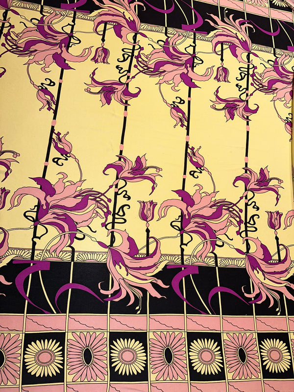 Yellow, Black, Pink Floral Pattern - 100% Silk - 44/45" Wide