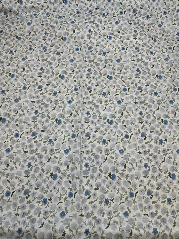 Grey, Olive Blue Floral Print - Linen Blend - 54" Wide - 55% Linen 45% Cotton